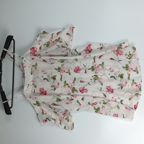 Express Floral Button Up Over the Shoulder Blouse Top White Pink & Green - Picture 4 of 9